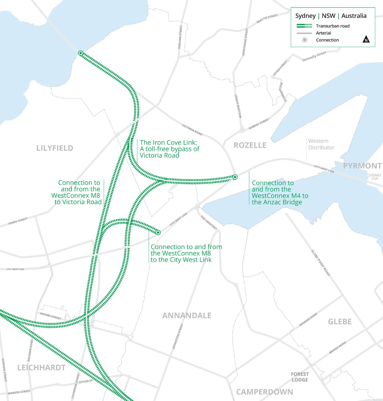 Map view of the Rozelle Interchange